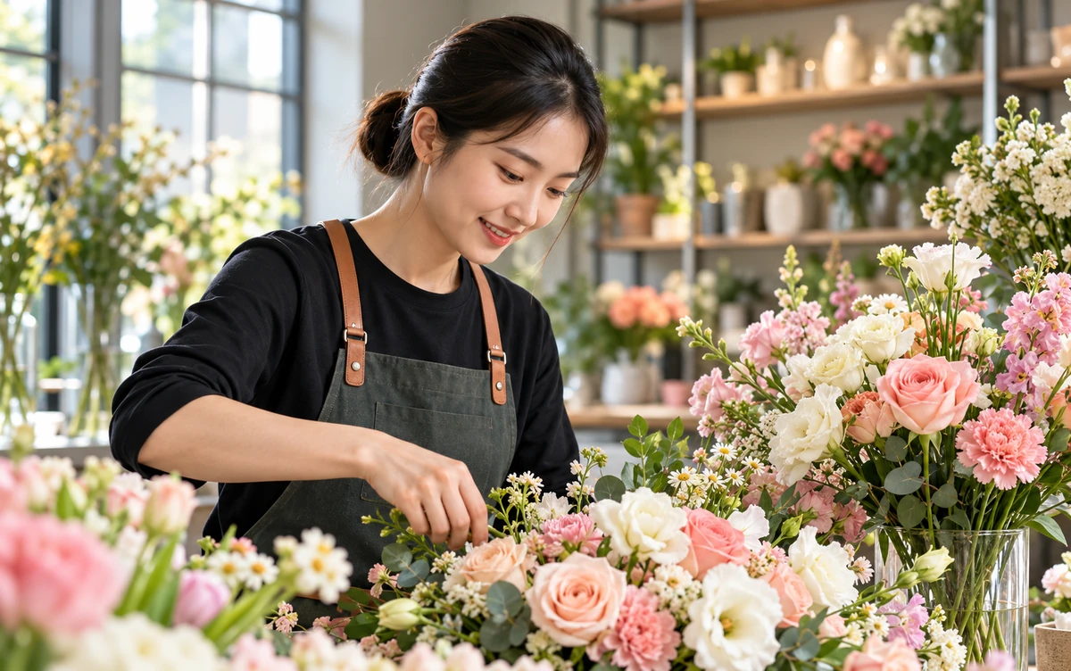 花店主理人整理花束与店铺陈列