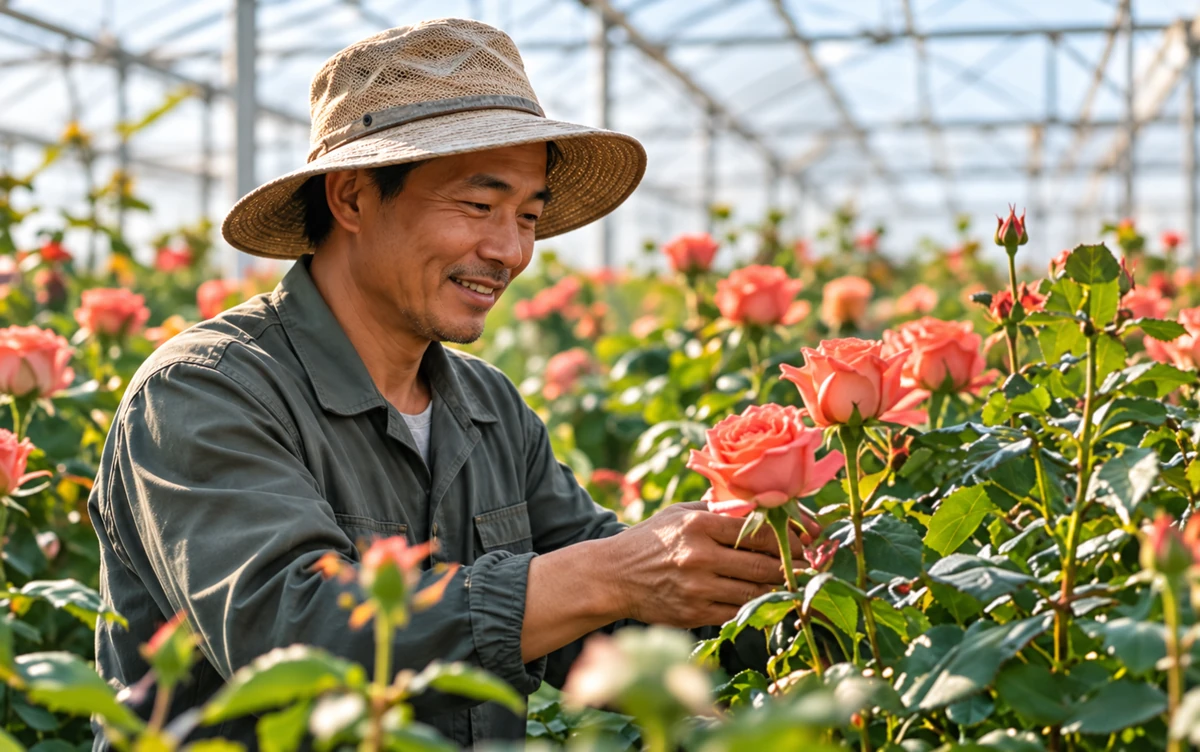花农在温室中检查鲜花